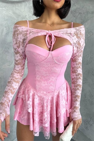 Dip Moda Kadın Bolero Detaylı Güpür Prenses Elbise Dpnbdf107 Pembe