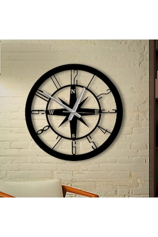 Pusula Temalı Şık Dekoratif Duvar Saati Siyah Metal 40 Cm Siyah