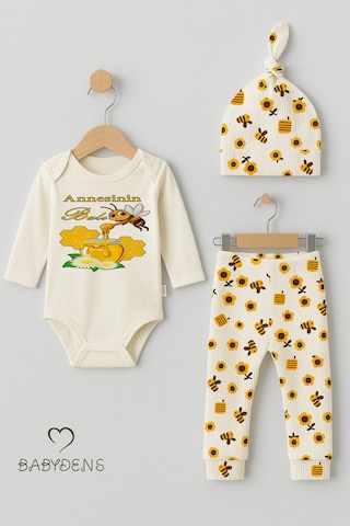 Babyden's Annesinin Balı 3 Lü Yenidoğan Takım %100 Pamuk Uzun Kol Body,pantolon,bere Unisex Ekru