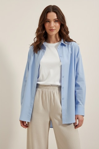 Yxc Trend Maker Oversize Uzun Basic Bayan Keten Gömlek Mavi