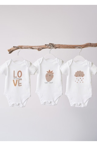 Lilabio %100 Organik Pamuk 3'lü Baskılı Kısa Kollu Bebek Body Beyaz