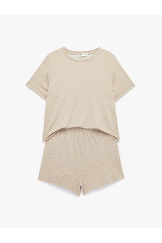 Koton Rahat Kesim Bisiklet Yaka Kısa Kollu Pijama Takımı Kahverengi Desenli 6slk40082mk