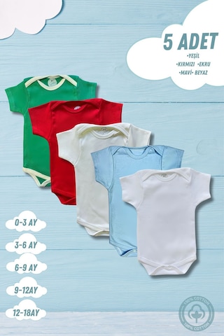 Betül Bebek Kısa Kollu 5'li Organik Pamuk Çıtçıtlı Bebek Body&zıbın Yeşiş,kırmızı,ekru,mavi,beyaz Çok Renkli