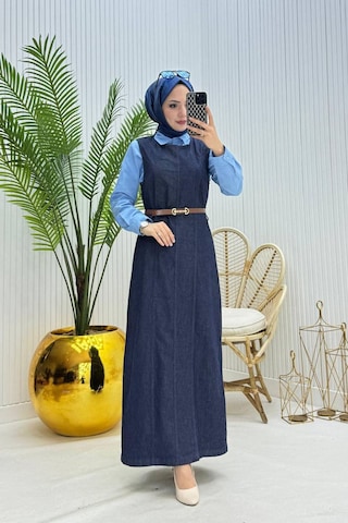 Neşeli Butik Kadın Kemerli Denim Jile Gömlek Tesettür Takım Nms073 Lacivert