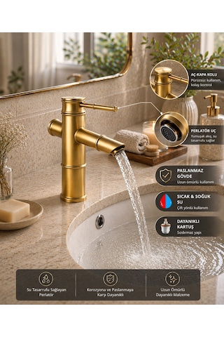Premium Bambu Eskitme Hissiyatlı Modern Banyo Lavabo Bataryası Musluğu Çeşmesi