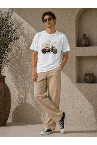 Novalisse Erkek Motosiklet Baskılı Tişört Bisiklet Yaka Kısa Kol Yazlık T-shirt - Beyaz
