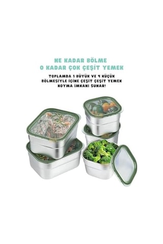Bento 1000ml Lunchbox Tek Katlı 5 Bölmeli Çelik Sefer Tası Yemek Kutusu Koyu Yeşil Bakır