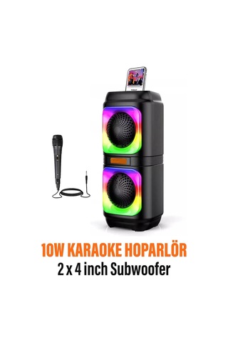 Extra Bass Bluetooth Hoparlör Speaker Karaoke Mikrofonlu 10w 2x4inç Subwoofer Rgb Işıklı 1500mah Tws