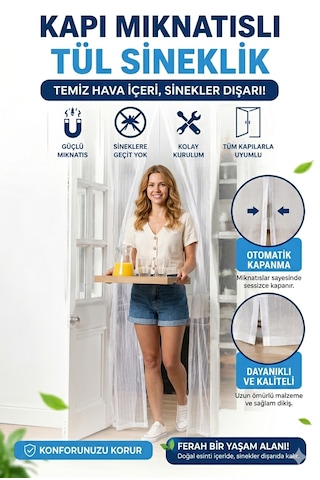 Mıknatıslı Tül Sineklik 105x205 Cm Kendiliğinden Açılıp Kapanan Kapı Sinekliği Kolay Montaj W105 X H210cm