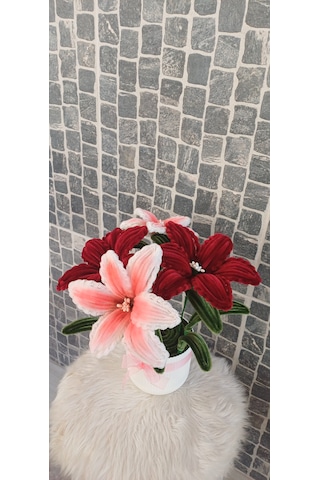 35 Cm- Saksılı Solmaz Yapay Çiçek - Geçmiş Olsun Çiçeği , Anneler Günü , Ev Hediyesi Beyaz - Bordo