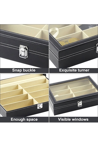 Ruicoo 8 Bölmeli Pu Deri Gözlük Kutusu - Cam Kapaklı Gösterimli Çift Katlı Gözlük Ve Saat Saklama Kutusu