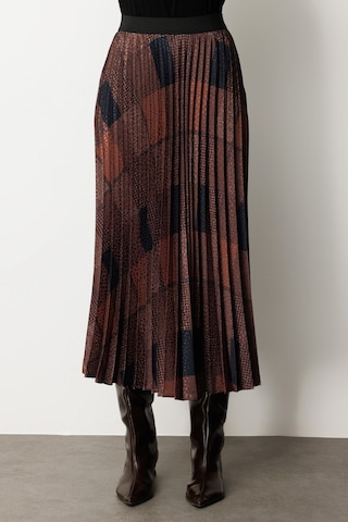 Ekol Kadın Desenli Piliseli Etek 2045 Kahverengi Kahverengi