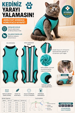 Kedi Ameliyat Sonrası Kıyafeti Cırtlı Koruyucu Tulum Yara Koruma Ve İyileşme Destekleyici Kedi Ameliyat Sonrası Kıyafeti Cırtlı Koruyucu Tulum Yara Koruma Ve İyileşme Destekleyici