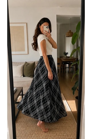 Siyah Ekose Desenli Astarlı Uzun Etek Lastikli Bel Yüksek Bel Maxi Etek
