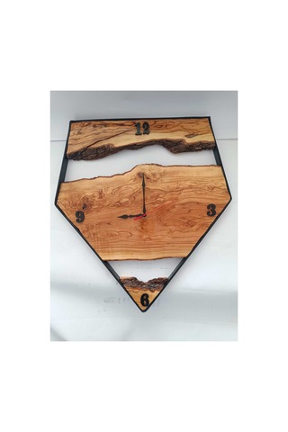Doğal Zeytin Ağacı Masif Duvar Saati - 50x55 Cm El Yapımı Endüstriyel Metal Çerçeveli Saat Kahverengi