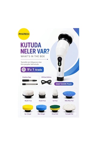 9'u 1 Arada Şarjlı Elektrikli Temizlik Fırçası - Çok Amaçlı Derinlemesine Temizlik Seti