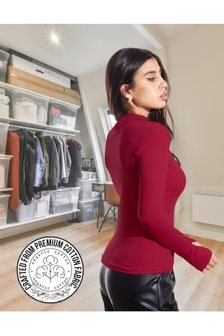 Alya Underwear Kaşkorse Yarım Boğaz Body Sweatshirt, Fitilli Kumaş, Likralı, Bordo Bordo
