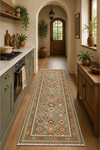 Etnik Kilim Desenli Yeşil Halı, Bohem Salon Ve Oturma Odası Halısı 3055