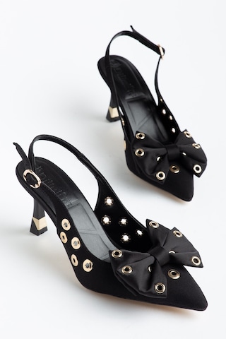 Kadın İnce Topuklu Stiletto Siyah Saten Fiyonklu-4689 Siyah