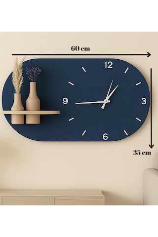 Modern Tasarım Raflı Nera Duvar Saati 60x35 Lacivert