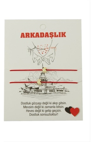 Kalp Arkadaşlık İp Bileklik 2 Adet - Kırmızı Çok Renkli