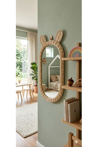 Rattan Bambu Çocuk Odası Kulaklı Boy Aynası 30x60 Ekru