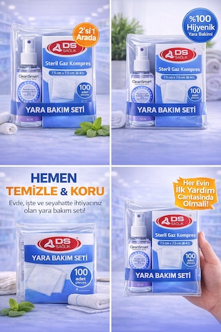 Steril Gazspanç 7,5 7,5 Cm 100 Adet + Cleansmart 50 Ml Dezenfektan Sprey Yara Bakım Seti
