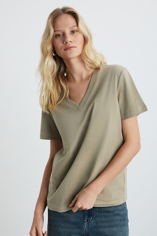 Grımelange Alıne Kadın %100 Organik Pamuk Derin V Yakalı Comfort Fit Bej T-shirt