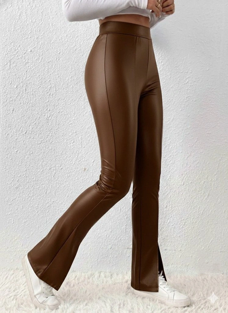 Tua Moda Kadın Yüksek Bel Önden Yırtmaçlı Deri Tayt Kahve