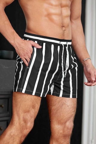 Angelsin Erkek Basic Standart Boy Çizgili Baskılı Mayo Cepli Deniz Şortu Siyah