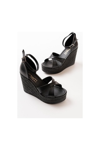 Asmi Shoes Kadın Çapraz Bantlı Dolgu Topuklu 11cm Ayakkabı Rahat Yüksek Topuklu 700 Siyah Siyah