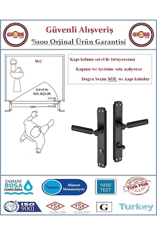 Parçalı Wc Banyo Kapı Kolu - Mat Siyah - 1 Takım Ön Ve Arka - Sol