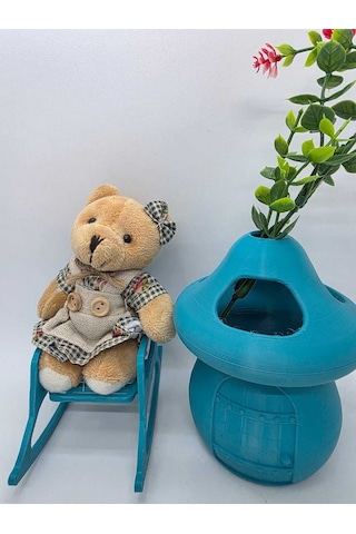 Kalemlik-ayıcık- Turkuaz- Sima Mantar Çiçekli Üç Gözlü Kalemlik Düzenleyici Turkuaz