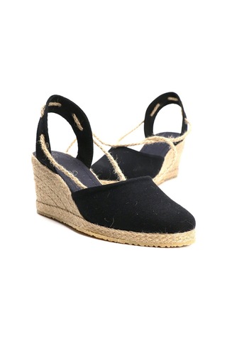 Star Tombis Gerçek Elişi Topuğu Açık Bilekten Bağlamalı Bej Dolgu Topuk Keten Hasır Espadril Handmade Siyah