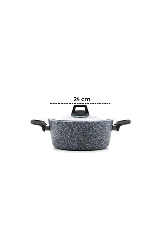 Gri 7 Parça Granit Tencere - Tava Seti 20-24cm Derin - 27cm Basık Cam Kapak Tencere - 26cm Tava Çok Renkli