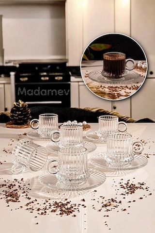 Çeyizci Çarşı 12 Parça Cam Kahve Fincan Seti Origami Çizgili Desen Nescafe Fincanı Cam Tabaklı Çay Takımı 125cc Şeffaf
