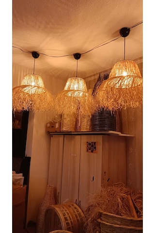 Hasır Doğal Saçaklı 30 Cm Çap Dekoratif Rafya Avize Sarı Bej - Sarı