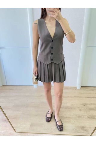 Keten Takım Görünümlü Düğme Detaylı Yelekli Mini Elbise - Füme Füme