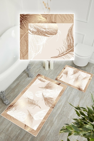 Dijital Baskı Tüy Desen Kaymaz Taban 2li Set Banyo Paspası Klozet Takımı 50x60cm-60x100cm Krem