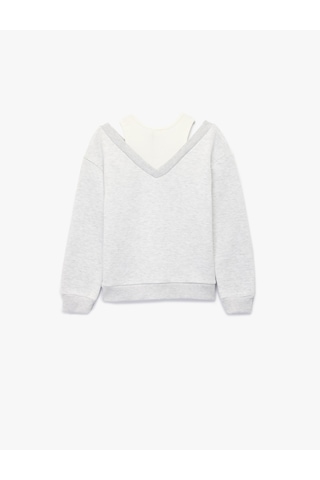 Koton Atlet Detaylı Uzun Kollu V Yaka Pamuklu Şardonlu Sweatshirt Gri Melanj 6wkg10560ak