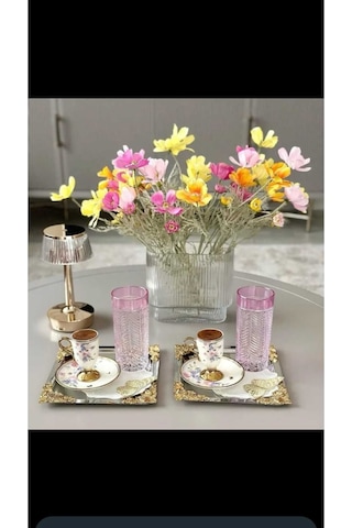 Plt Design Tekli Lüx Kare Çiçek Aksesuarlı Paslanmaz Çelik Gümüş Kahve, Çay, Dekoratif Sunum Servis Tepsisi