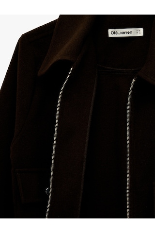 Koton Uzun Kollu Klasik Yaka Cep Detaylı Oversize Fermuarlı Ceket Kahverengi 6wal60068ıw Kahve