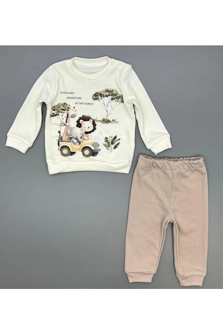 Erkek Bebek Orman Hayvanları Baskılı Alt Üst İkili Gündelik Takım Bej