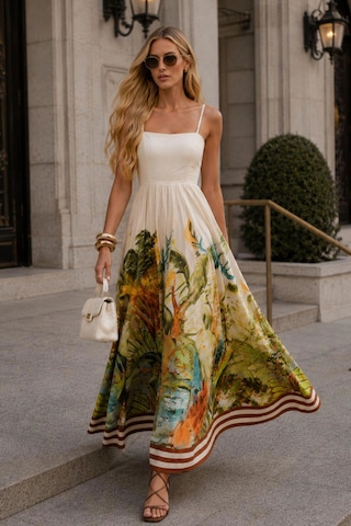 Asprinfashion Askılı Dijital Baskılı Maxi Elbise Yeşil