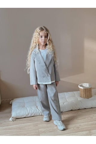 Miniko Kids Kız Çocuk Poliviskon Çizgili Blazer Ceket Pantolon Dokuma Kumaş Takım Gri