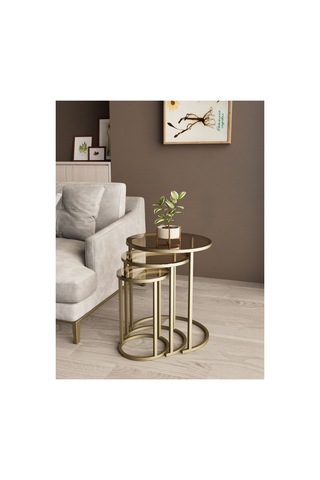 Milas C Zigon Sehpa Gold Eskitme Rengi Bronz Cam Pirinç Eskitme