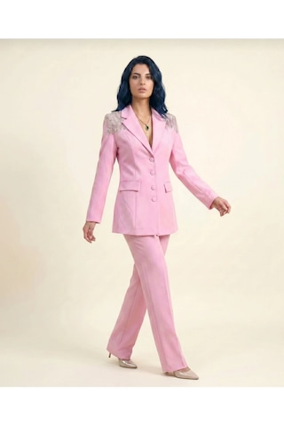 Orvelia Omuz Kristal Saçak Detaylı Pembe Blazer Ceket Ve Pantolon Takım
