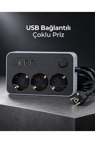 Çalışma Alanlarına Uygun Anahtarlı Usb Ve Type C Şarj Çıkışlı Kablolu Çoklu Priz - Lisinya 0