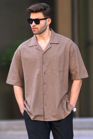 Madmext Kahverengi Kısa Kollu Oversize Erkek Gömlek 6737 Kahverengi