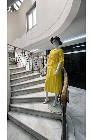 İtalyan Saçak Detaylı Müslin Keteni Yırtmaçlı Elbise - Bluz & 2'li Takım-9905 Sarı